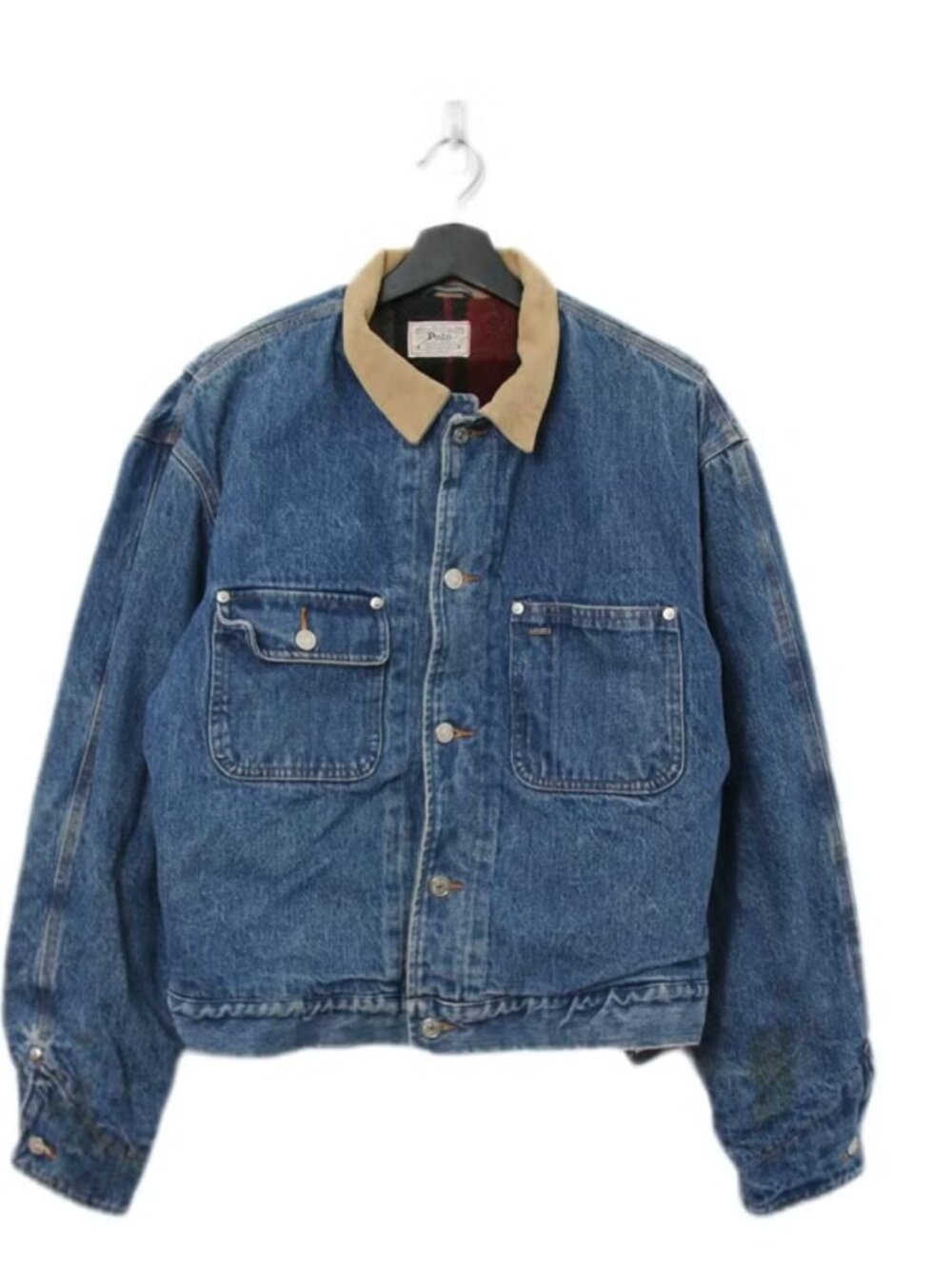 Vintage Polo Ralph Lauren Denim Jacket Corduroy Collar Plaid Lined